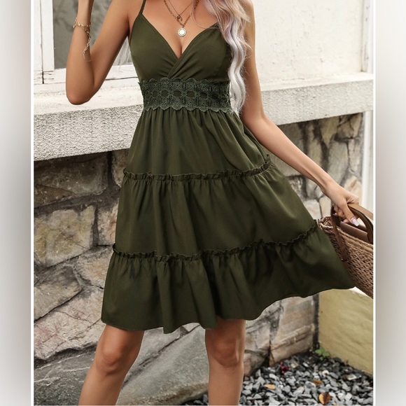 Army Green Contrast Lace Ruffle Hem Cami Dress - Picture 4 of 6